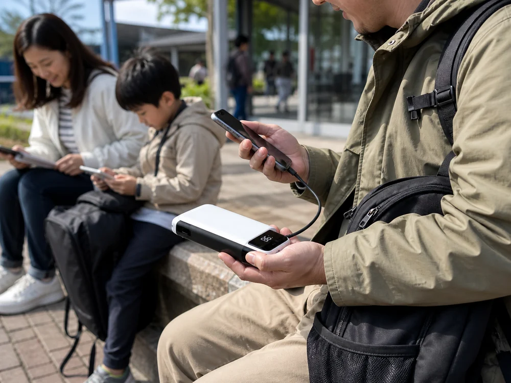 外出先のベンチで白いケーブル内蔵モバイルバッテリーを使いスマホを充電している様子