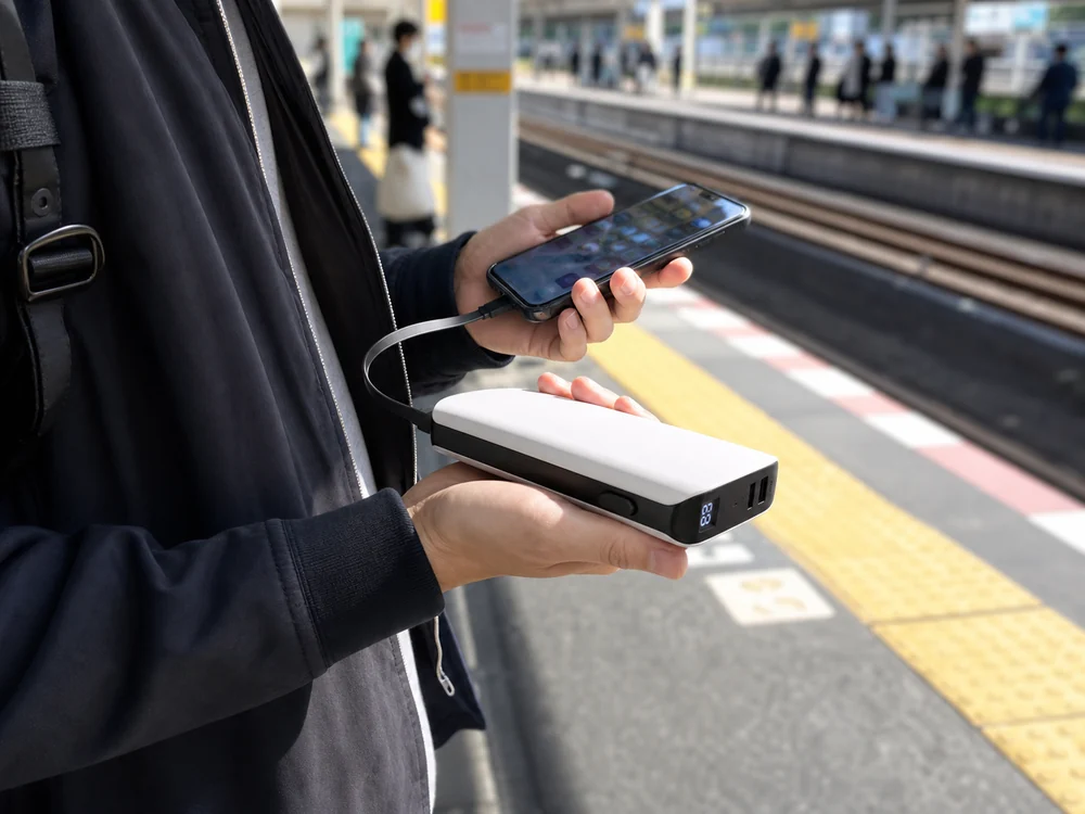 駅のホームで白いケーブル内蔵モバイルバッテリーをスマホにつないでいる様子
