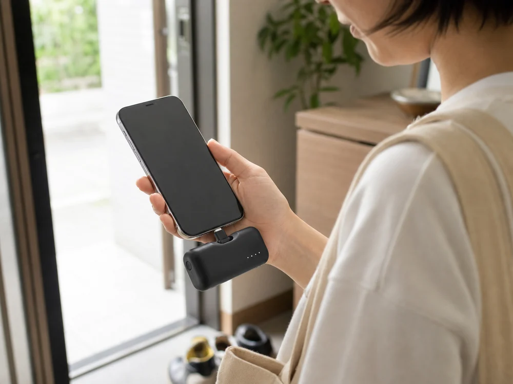 USB-Cスマホに直挿しして玄関先で充電する黒いモバイルバッテリーの使用イメージ
