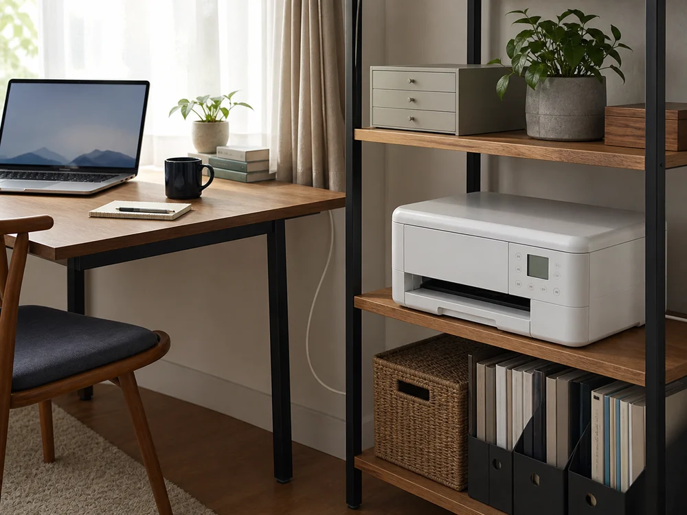 ノートPCと棚の白いプリンターをオフホワイトのUSBケーブルで有線接続している作業環境