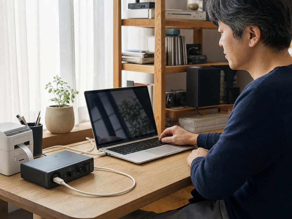 USB-B機器をノートPCにつないで落ち着いて作業しているデスクまわり