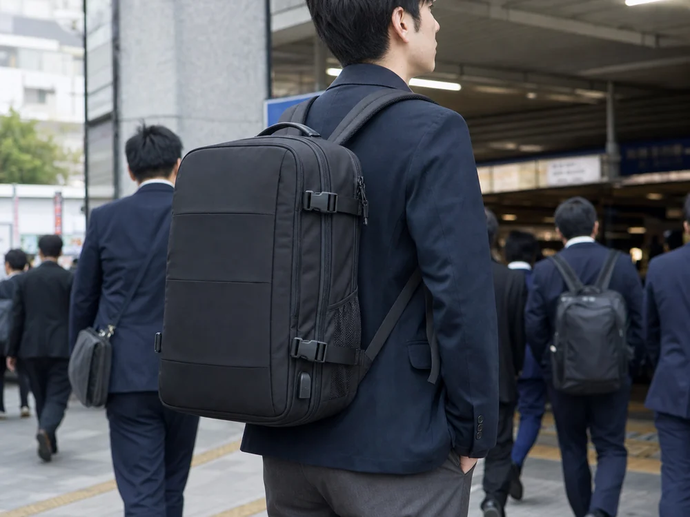 通勤中にEvoon風ビジネスリュックを背負う人物のイメージ