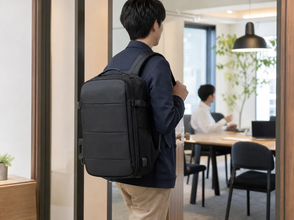 仕事場に向かう場面でEvoon風ビジネスリュックを背負う人物のイメージ