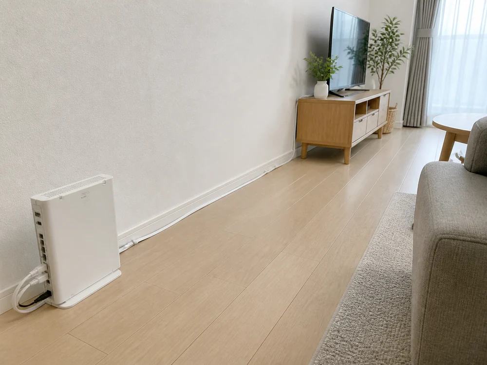 白いルーターからテレビ台まで白いフラットLANケーブルを壁際配線している部屋