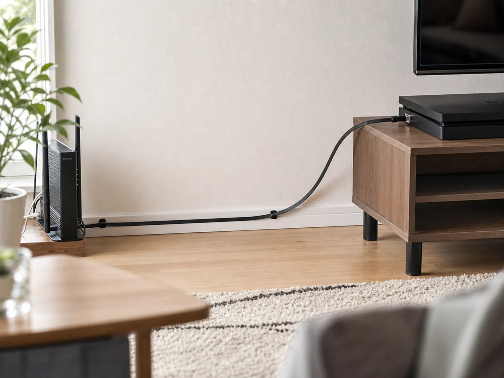 幅木に沿って黒いフラットLANケーブルを通し、ルーターとゲーム機をつないでいる様子