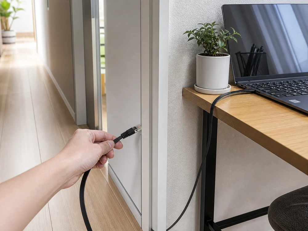 ドア脇のすき間を通した黒いフラットLANケーブルをノートPCにつないでいる様子