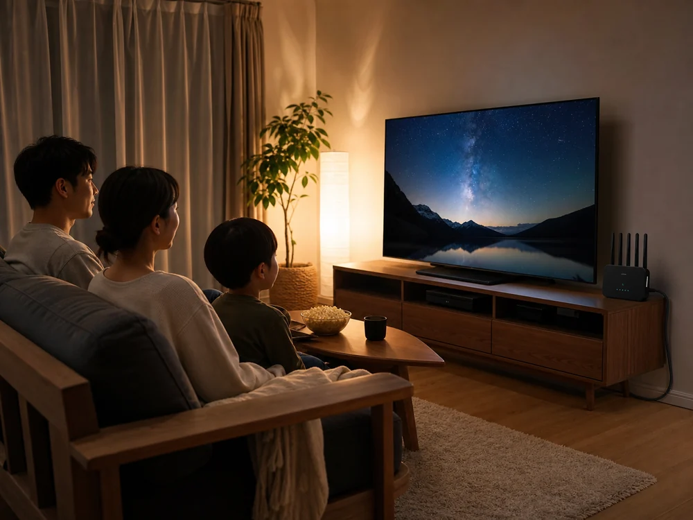 テレビ周りの床際に目立ちにくく配線した黒いフラットLANケーブルの使用イメージ