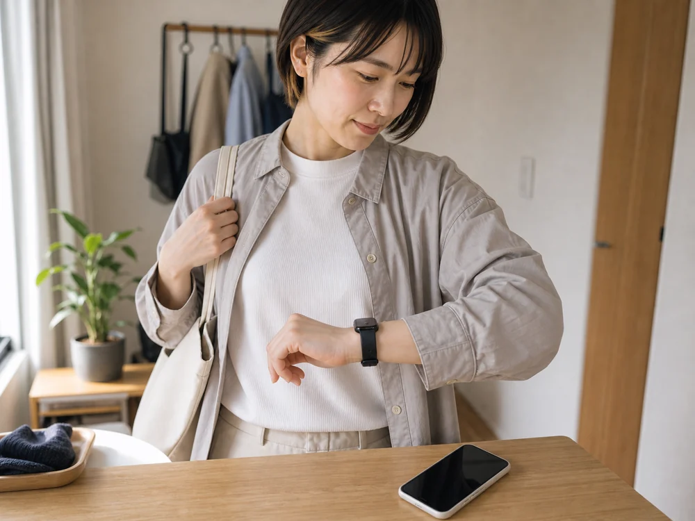 袖口に収まりやすい細身の黒いスマートウォッチと連携中のスマホがある日常使用イメージ