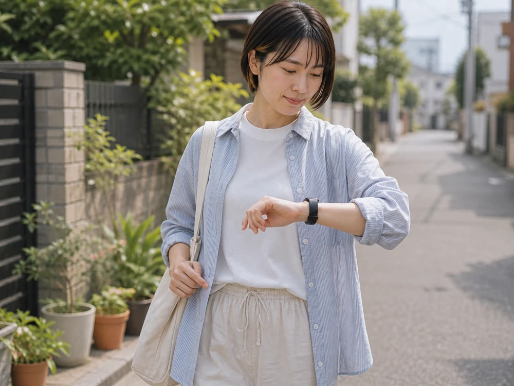 軽装で外を歩く日に細身の黒いスマートウォッチを自然に使うイメージ