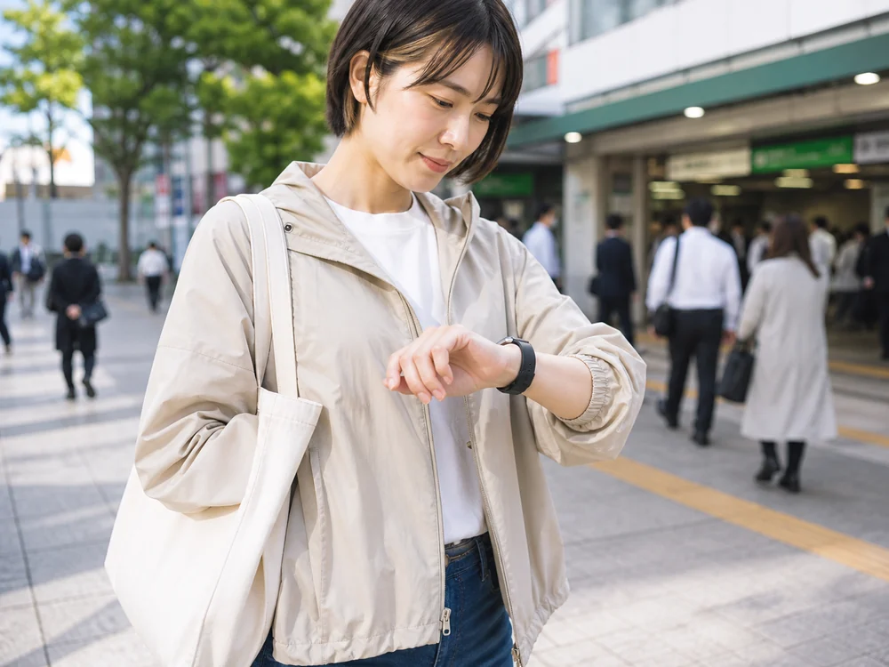 外出中にバッグからスマホを出さず細身の黒いスマートウォッチで通知を確認する様子