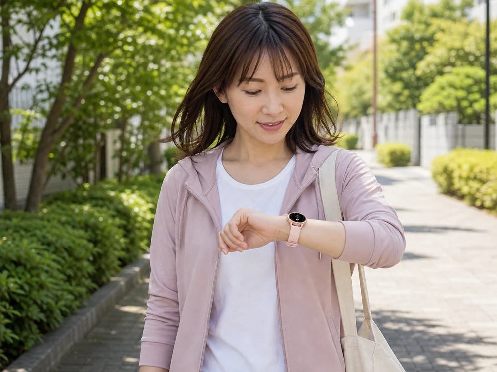散歩中にピンクバンドのスマートウォッチを確認する女性