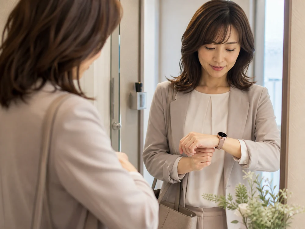 外出前にメッシュバンドの丸形スマートウォッチを身につける女性