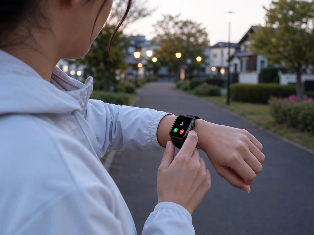 公園を歩きながら黒いスマートウォッチで着信を確認する人物