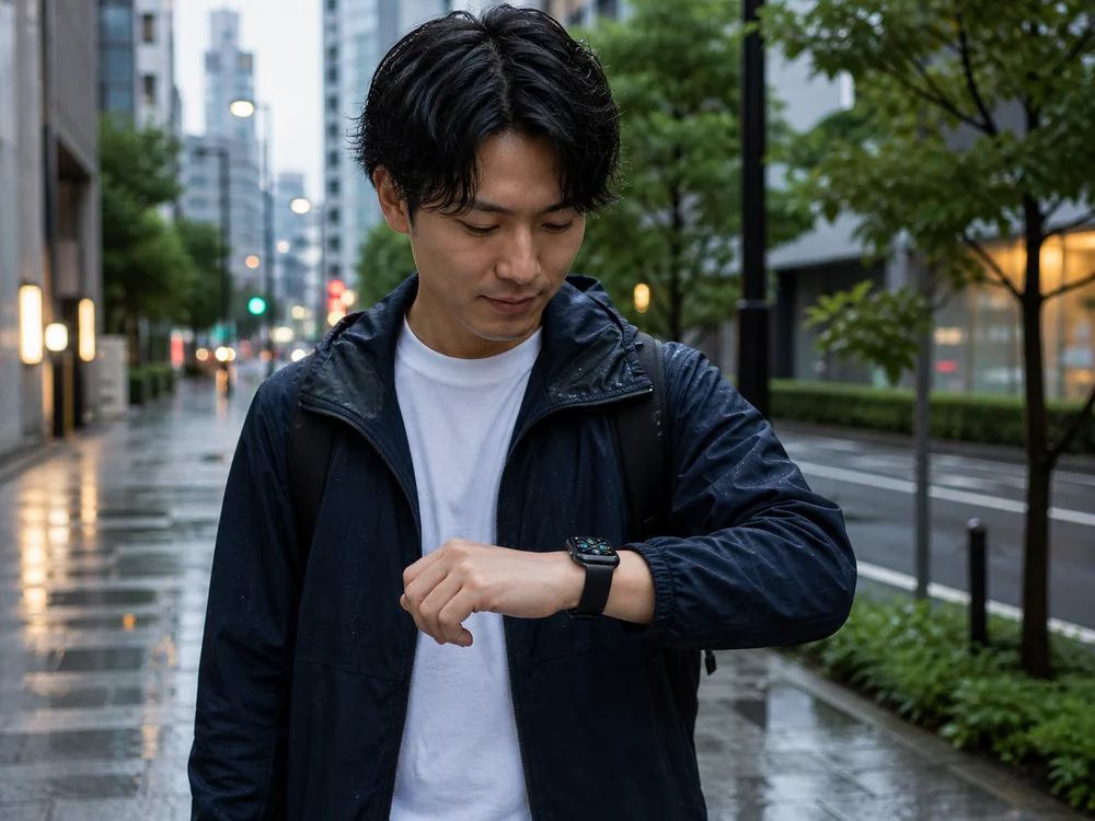 街中で黒いスマートウォッチの画面を見ながら歩く人物