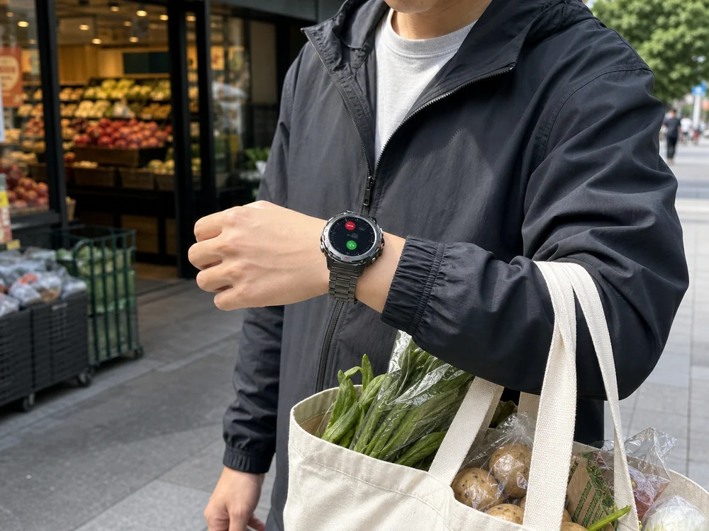 買い物中に通知を手元で確認する丸型スマートウォッチの利用イメージ