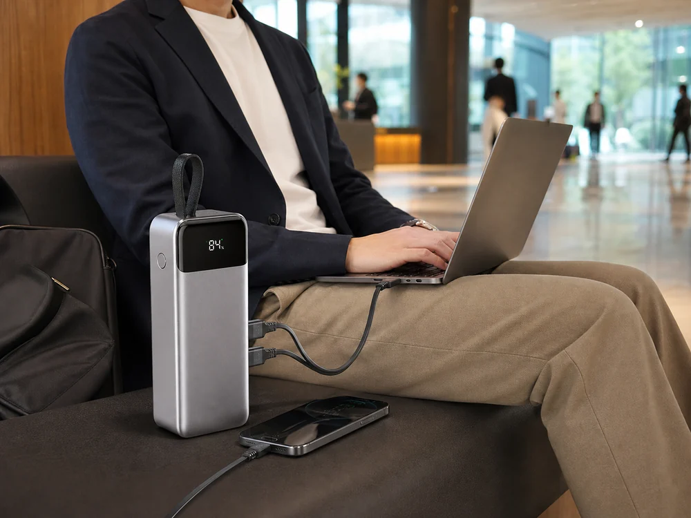 ラウンジで複数端末をまとめて充電するFUSSOPモバイルバッテリーの使用イメージ