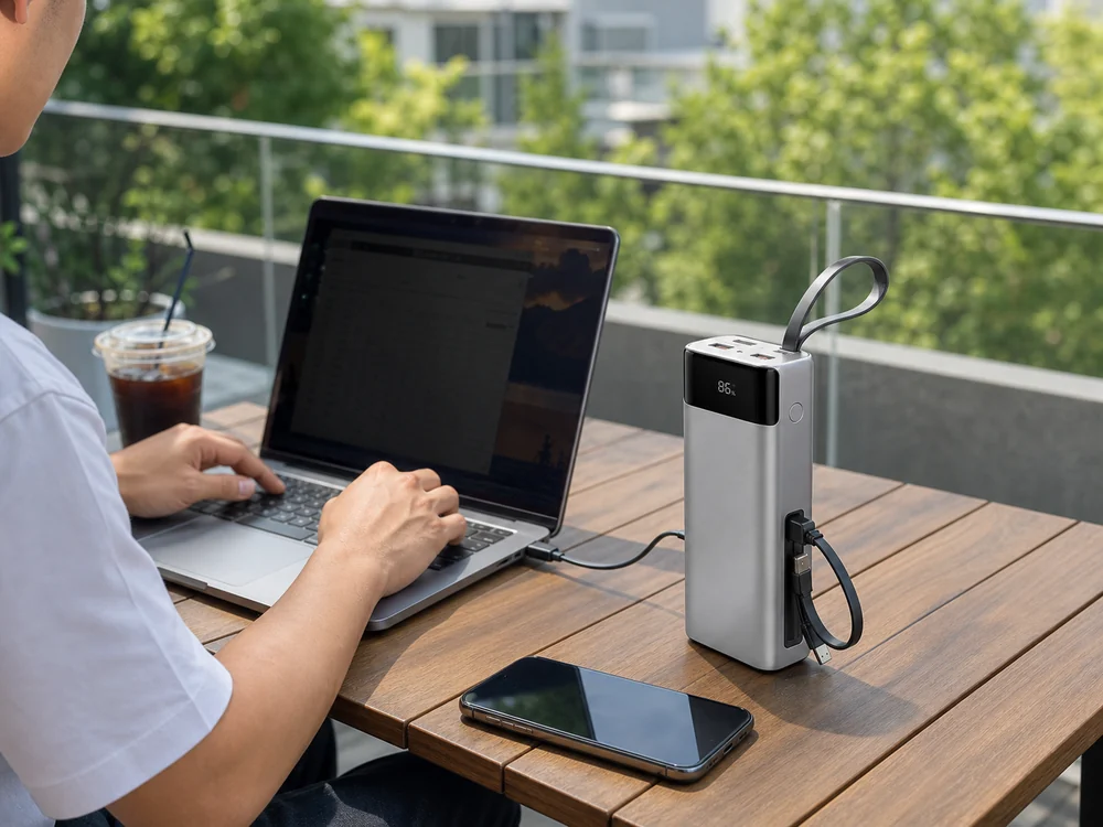 テラス席でノートPC作業を支えるFUSSOPモバイルバッテリーの使用イメージ