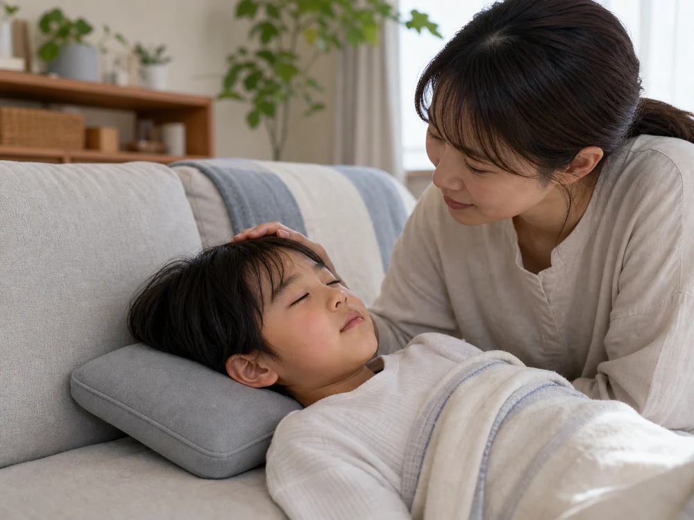 家で子どもが冷却枕で休んでいるイメージ