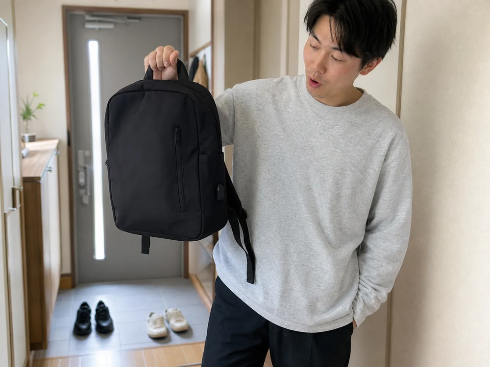 玄関でコンパス30を持って通勤前に身支度している様子