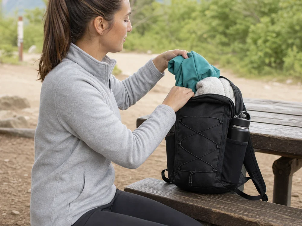 水筒を取り出しやすく小物を整理しやすい小さめ登山リュックの使用イメージ