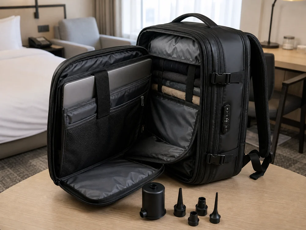 ノートPC用の層と衣類収納を分けて開いた黒い真空圧縮リュック