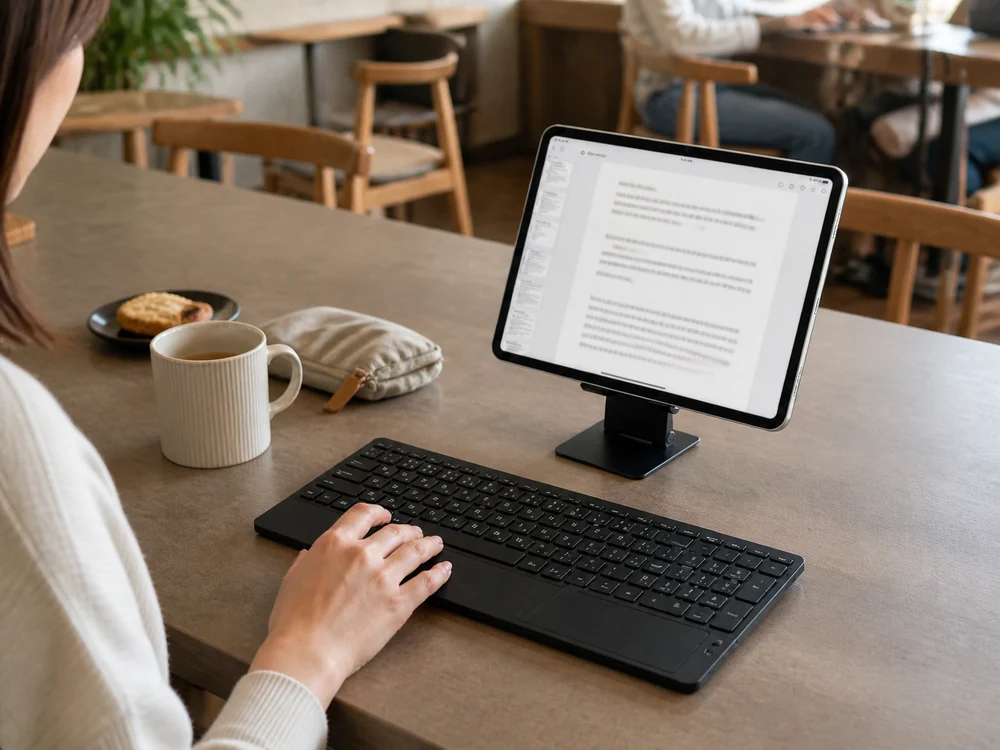 カフェテーブルでiPadを別スタンドに立て、黒い薄型キーボードを外付けで使う様子