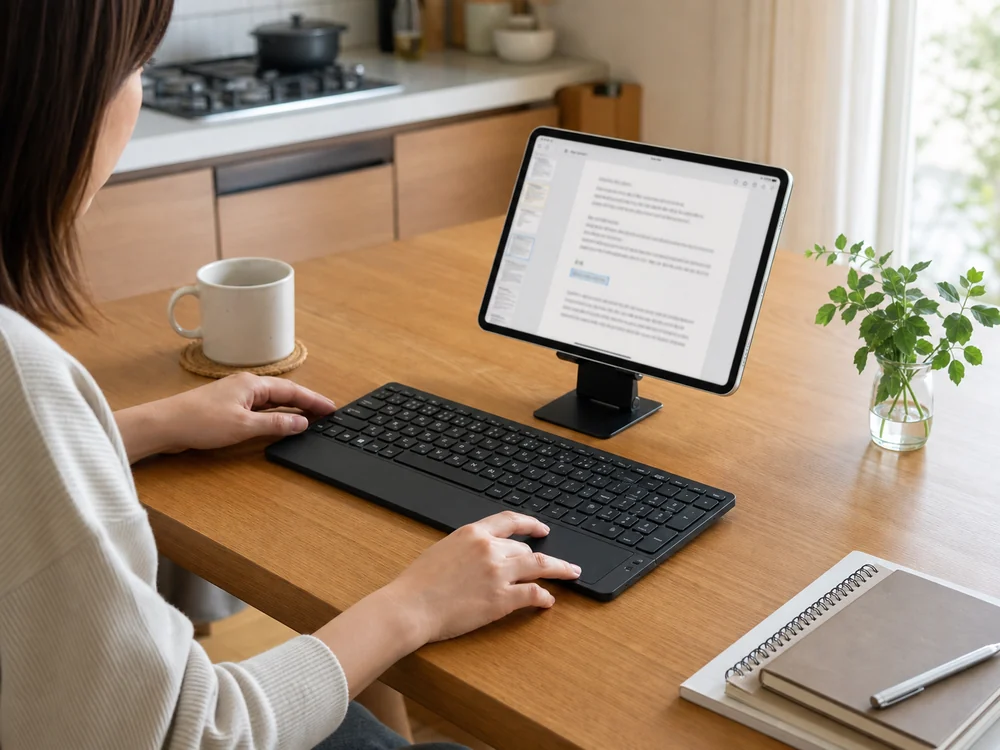 iPadをスタンドに立て、タッチパッド付き黒キーボードで文章を修正している様子
