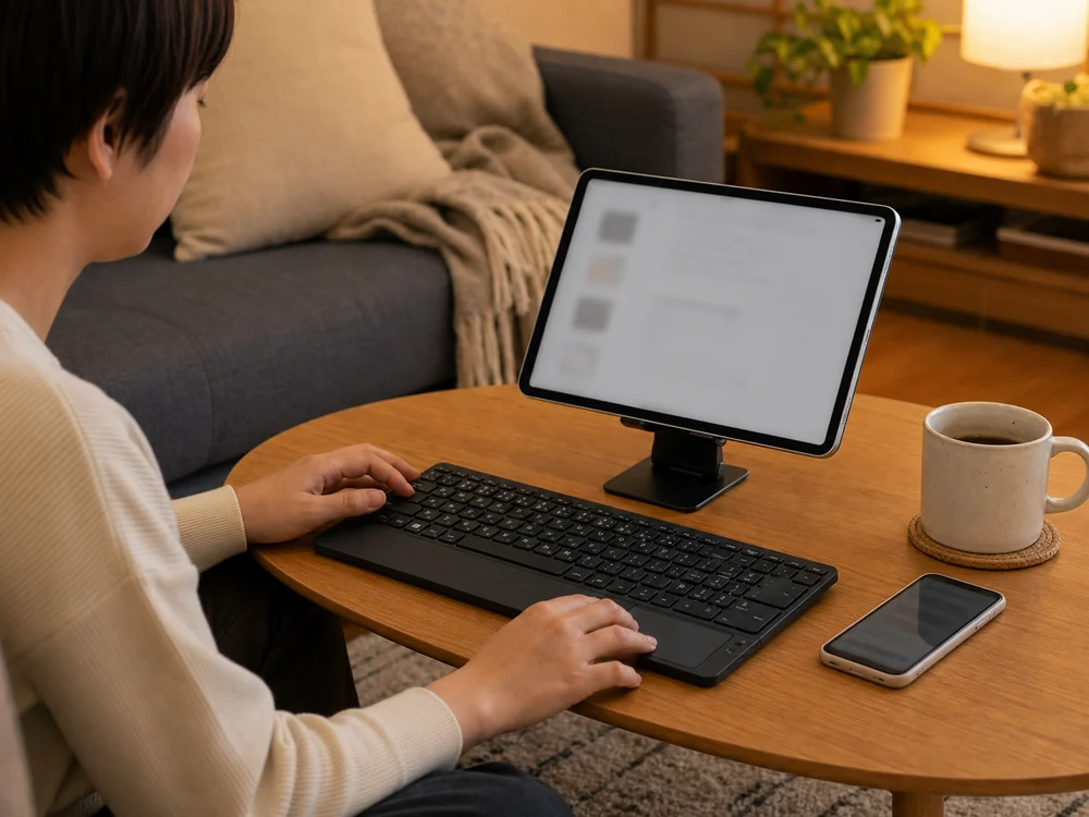 ソファ横のローテーブルでiPadとiPhoneを見ながら黒キーボードで入力する様子