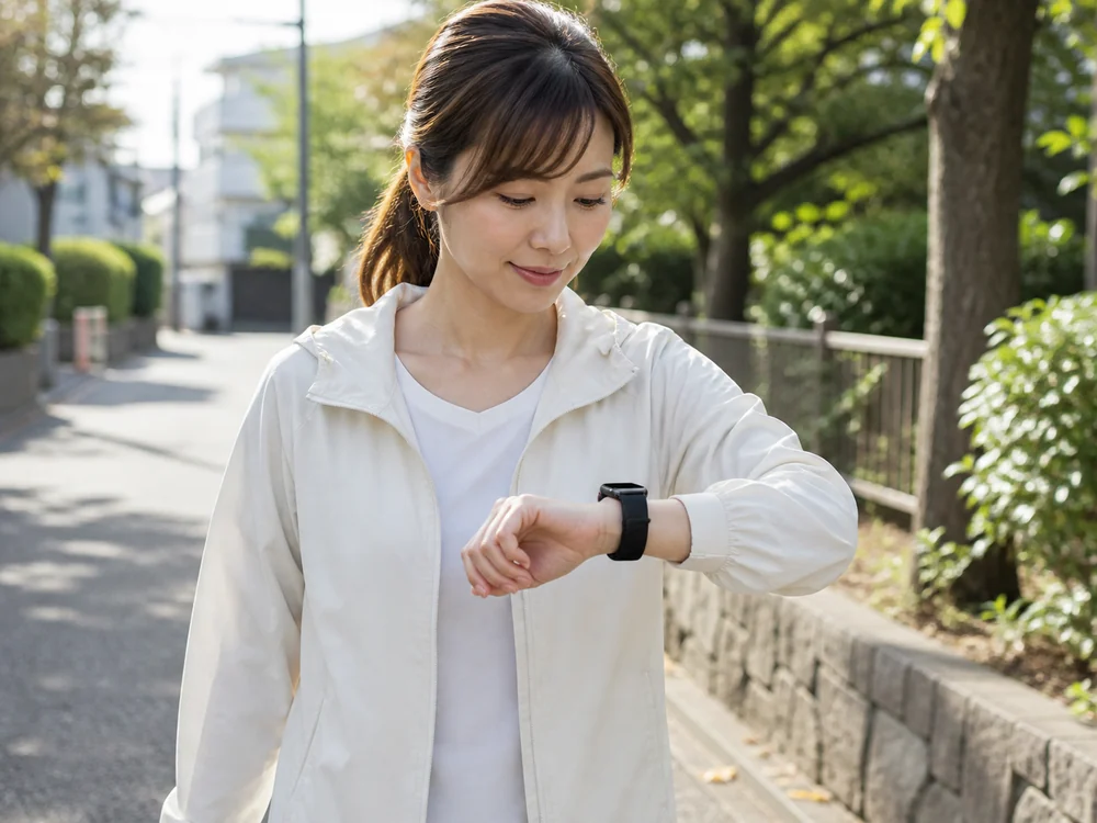 散歩中に黒いスマートウォッチで通知と運動記録を確認する様子
