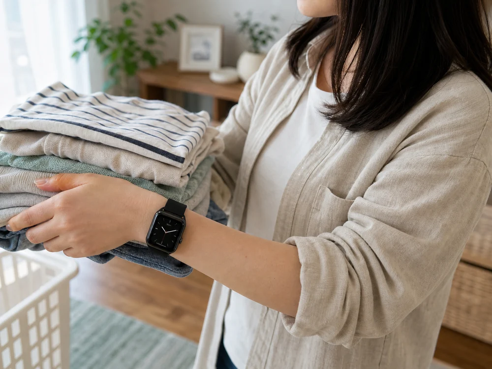 日常の家事中に黒いスマートウォッチを着けている手元