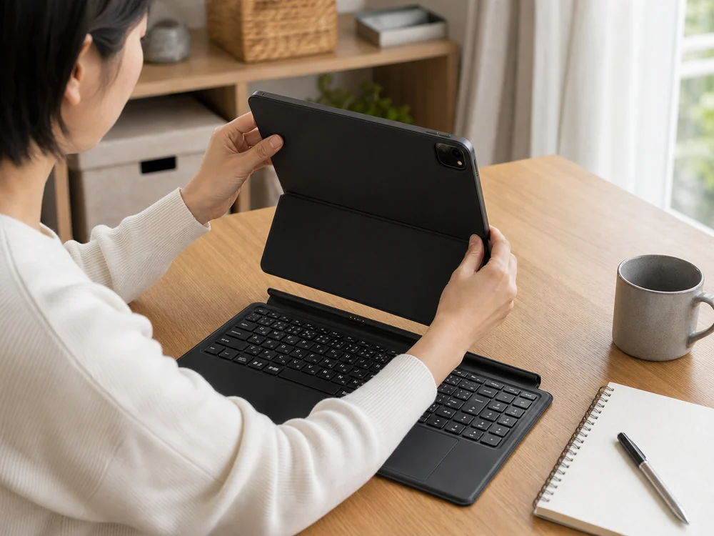 iPad Pro 11インチ用の黒いキーボードケースを着脱しながら作業位置を整えている様子