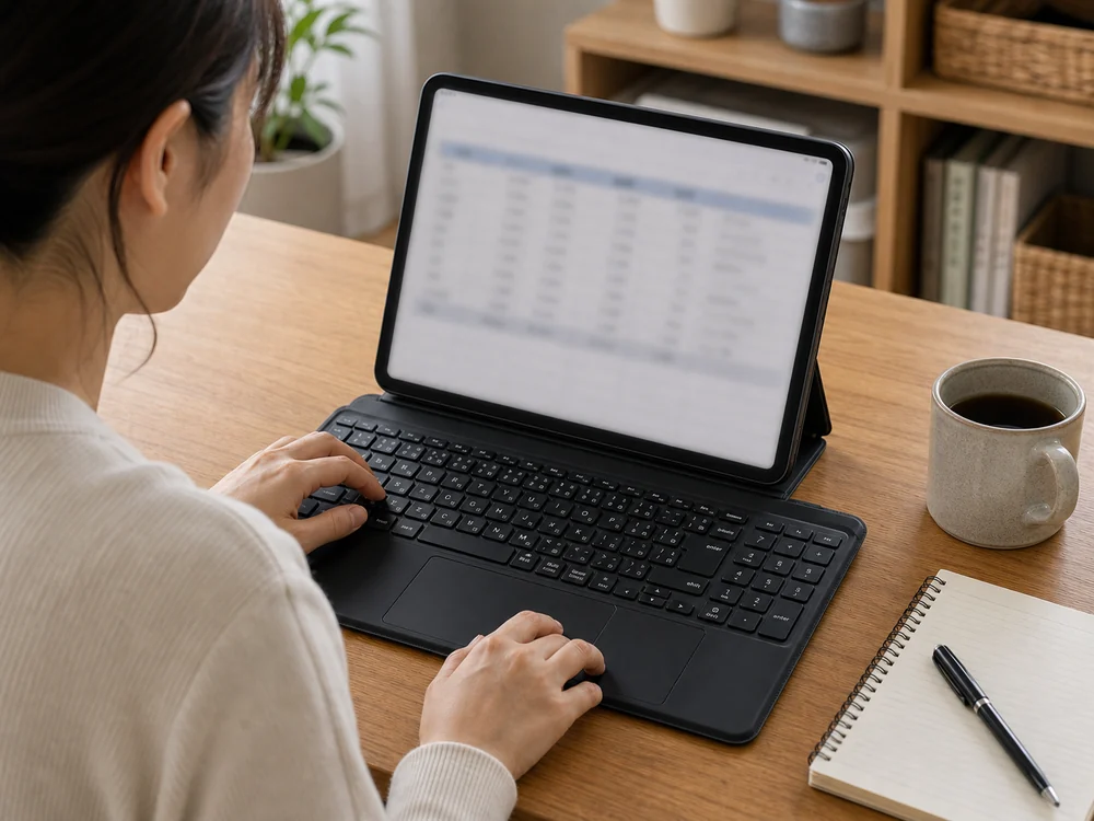 テンキー付きキーボードケースで表入力を進めているiPad Pro 11インチの作業シーン
