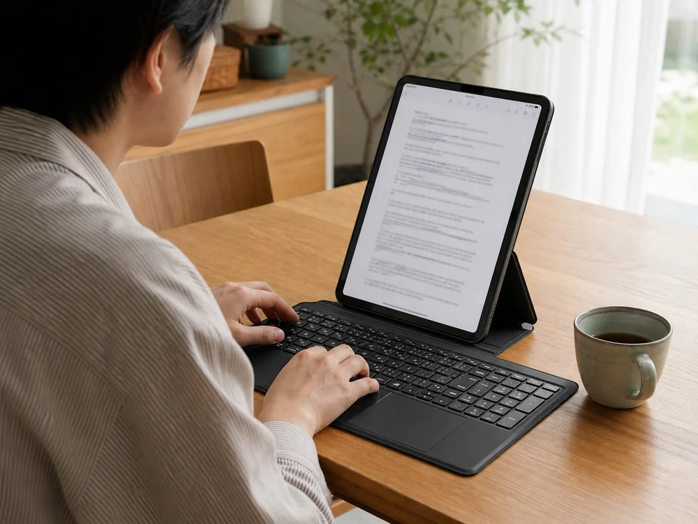 iPad Pro 11インチを縦置きし、キーボードケースで資料を見ながらメモを取っている様子