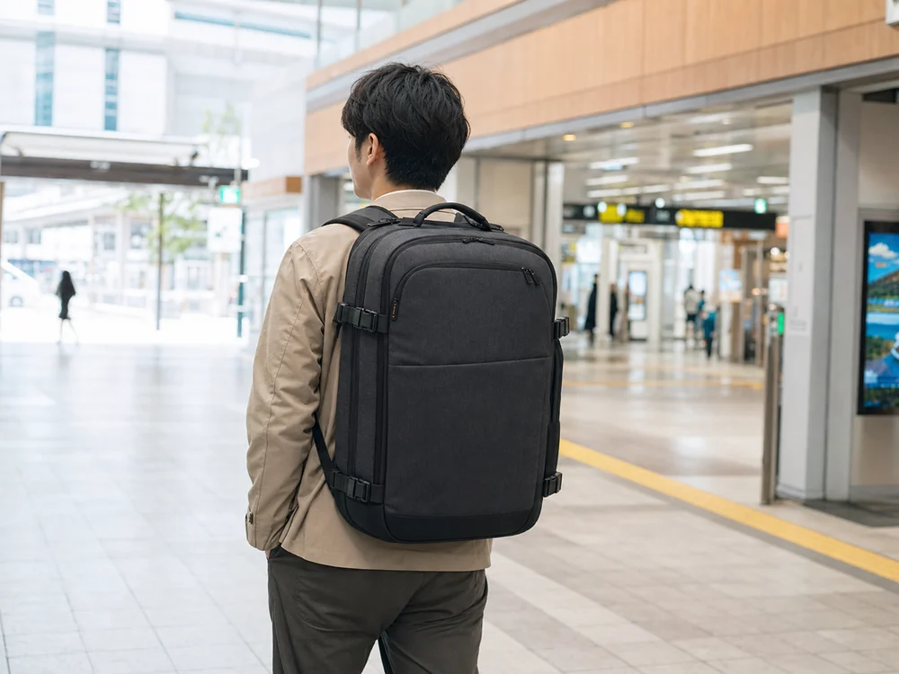 出張移動中に大きめのトラベルバックパックを背負って両手を空けている様子