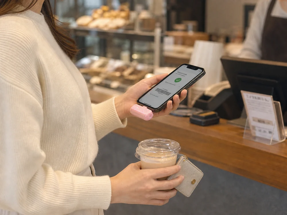 カフェの会計時にスマホへ直挿ししたピンクの小型バッテリーを片手で使うイメージ
