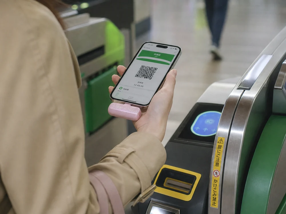 駅の改札でスマホに直挿しして使うピンクの超小型モバイルバッテリーのイメージ