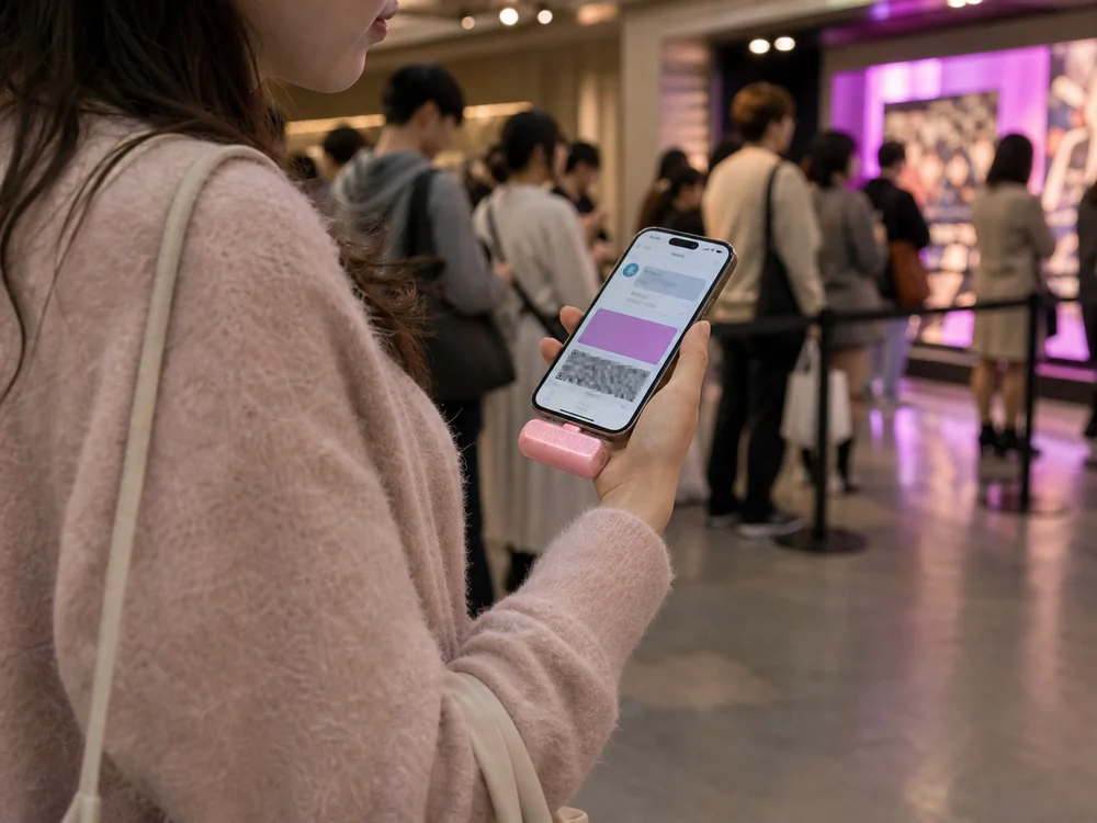 イベント会場の列でスマホに直挿ししたピンクのモバイルバッテリーを使うイメージ