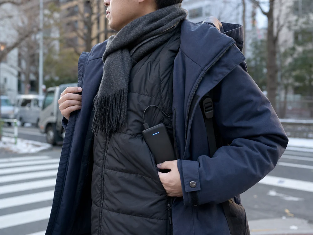 電熱ベストの内ポケットで使う黒い大容量バッテリーのイメージ
