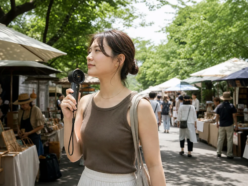 屋外マーケットを歩きながらJISULIFE Pro1 Miniを使う様子
