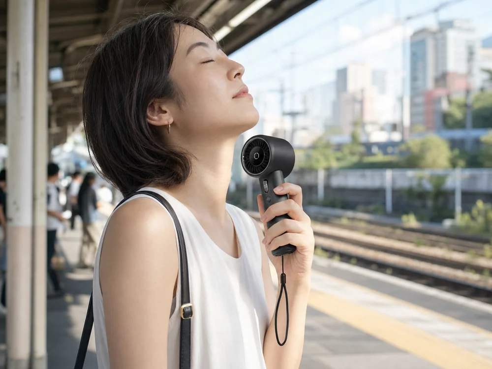 駅のホームでJISULIFE Pro1 Miniを首元に向けて使う様子