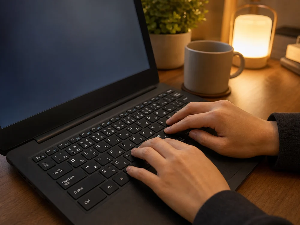 日本語シールを貼った黒いノートPCで自宅入力しているシーン