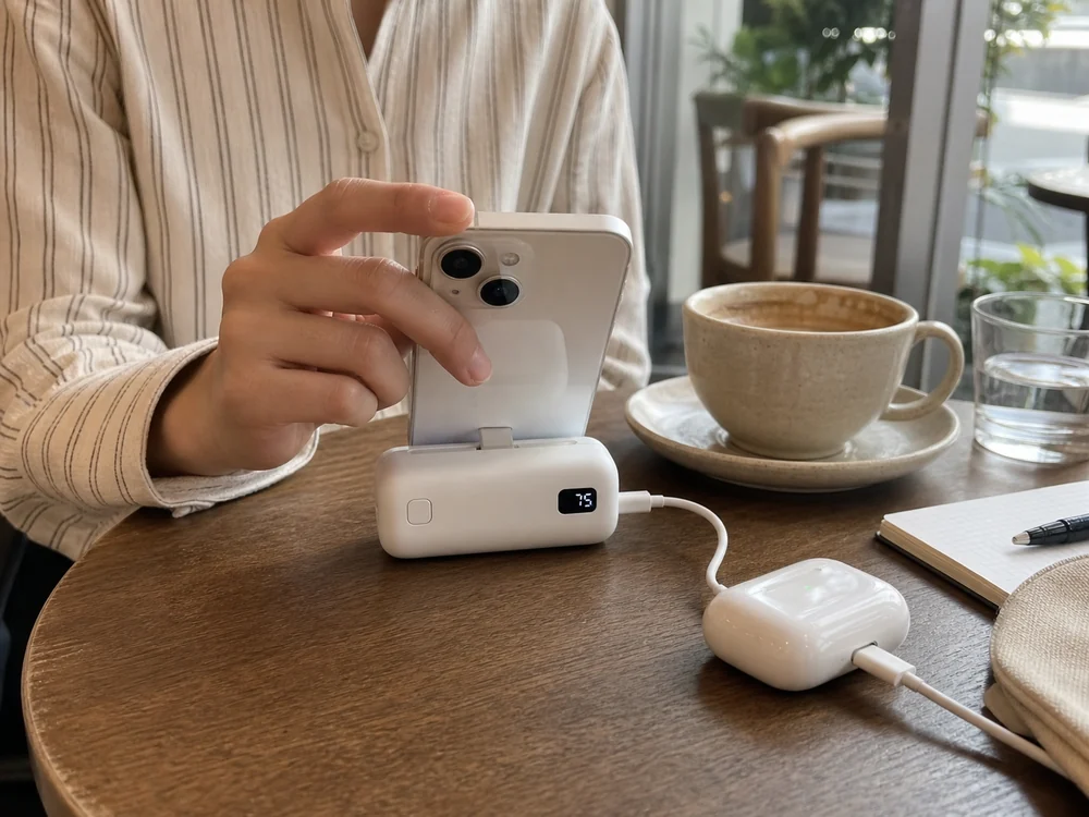 スマホとイヤホンを同時に充電している白い小型モバイルバッテリー