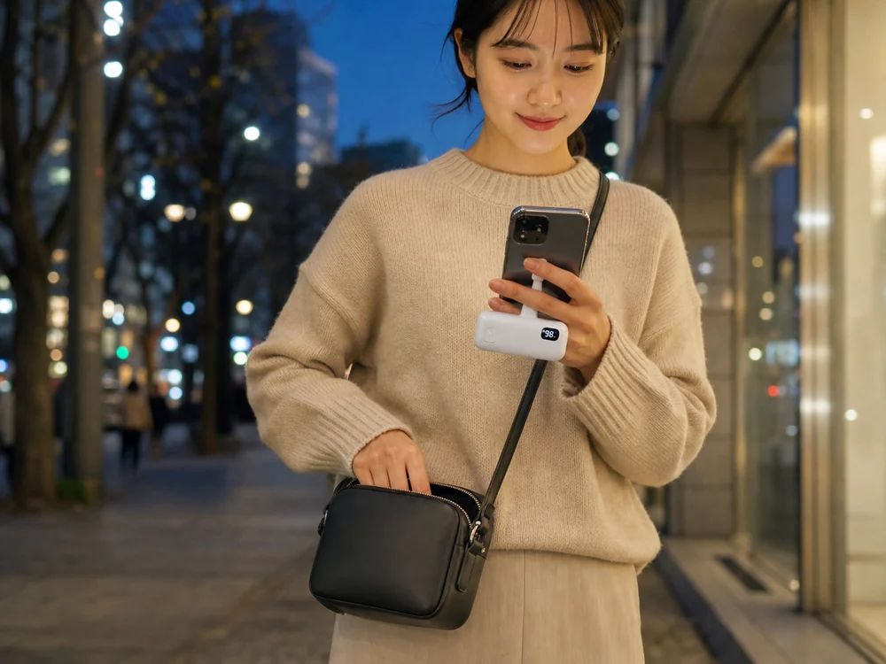 小さなバッグから取り出して外出先で使う白い小型モバイルバッテリー