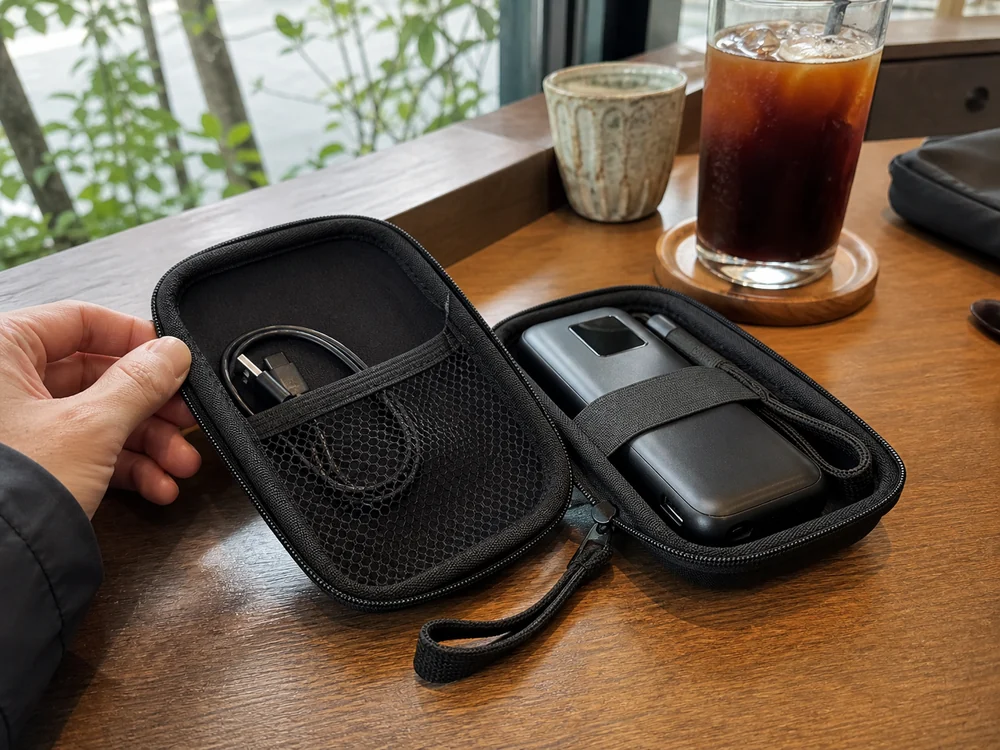 黒い収納ケースの中でモバイルバッテリー本体と短いケーブルが分けて収まっている様子