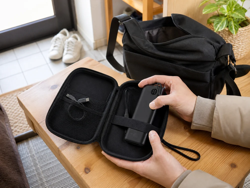 開いた黒い収納ケースにモバイルバッテリーと短いUSB-Cケーブルを整えて入れている様子