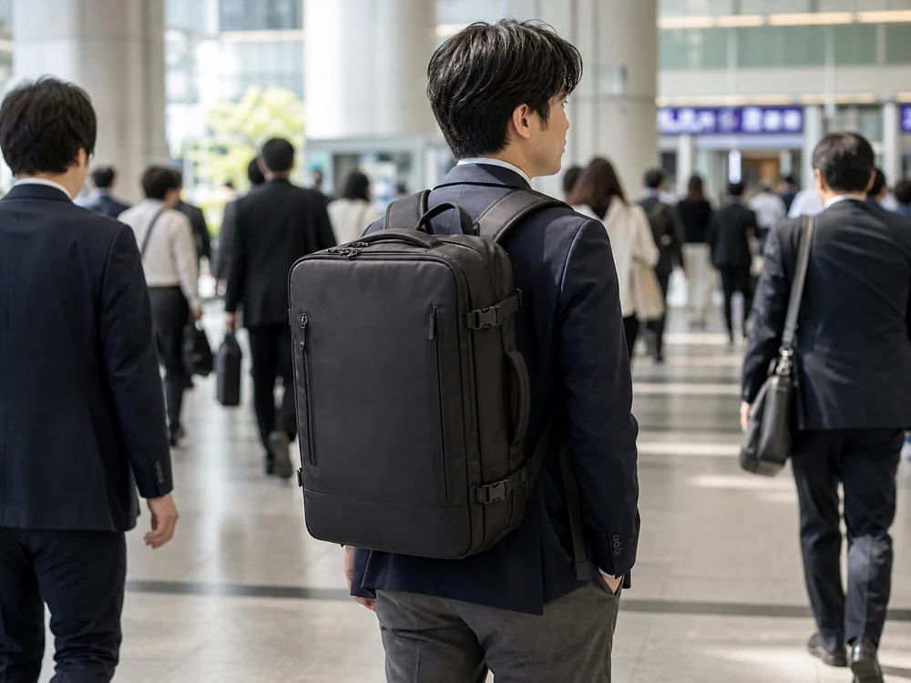 駅やオフィス街で黒い真空圧縮ビジネスリュックを背負って移動する様子