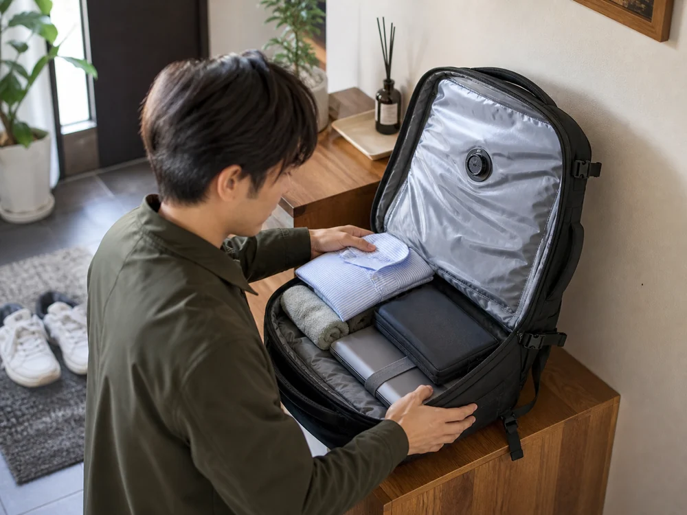 玄関で黒い真空圧縮ビジネスリュックに衣類やPCを分けて入れる様子