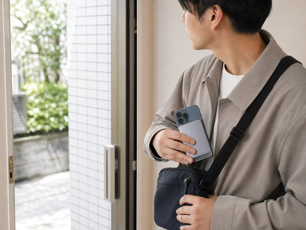 小さめバッグで出かける前にKuulaa薄型モバイルバッテリー付きiPhoneを手に取る様子