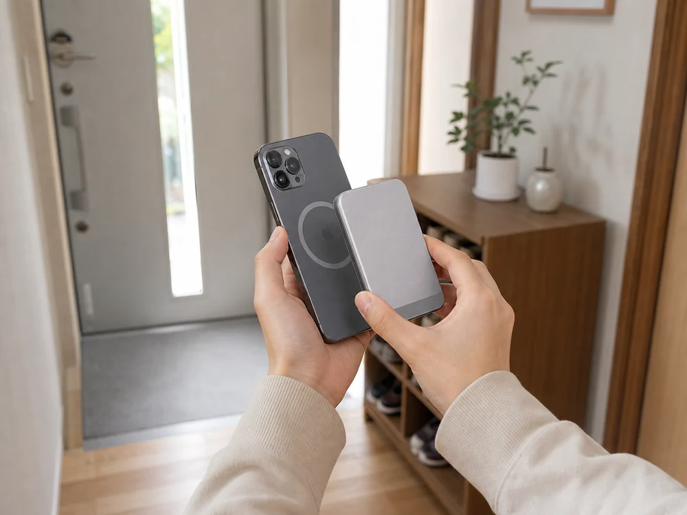 iPhone背面に重ねたKuulaa薄型モバイルバッテリーの厚みと装着位置が分かる様子