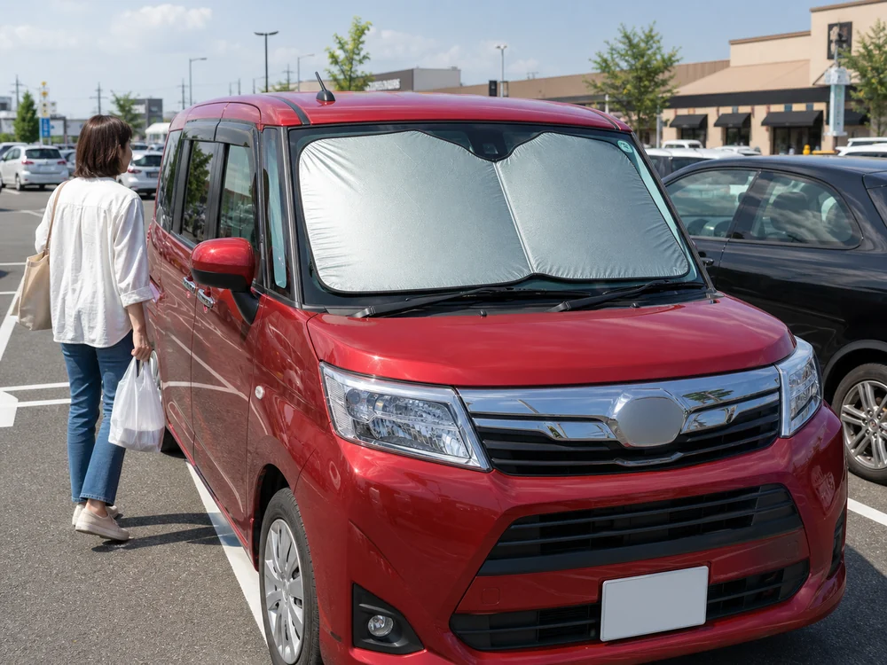 真夏の駐車場で赤いルーミーのフロントガラスに専用サンシェードを付けている様子